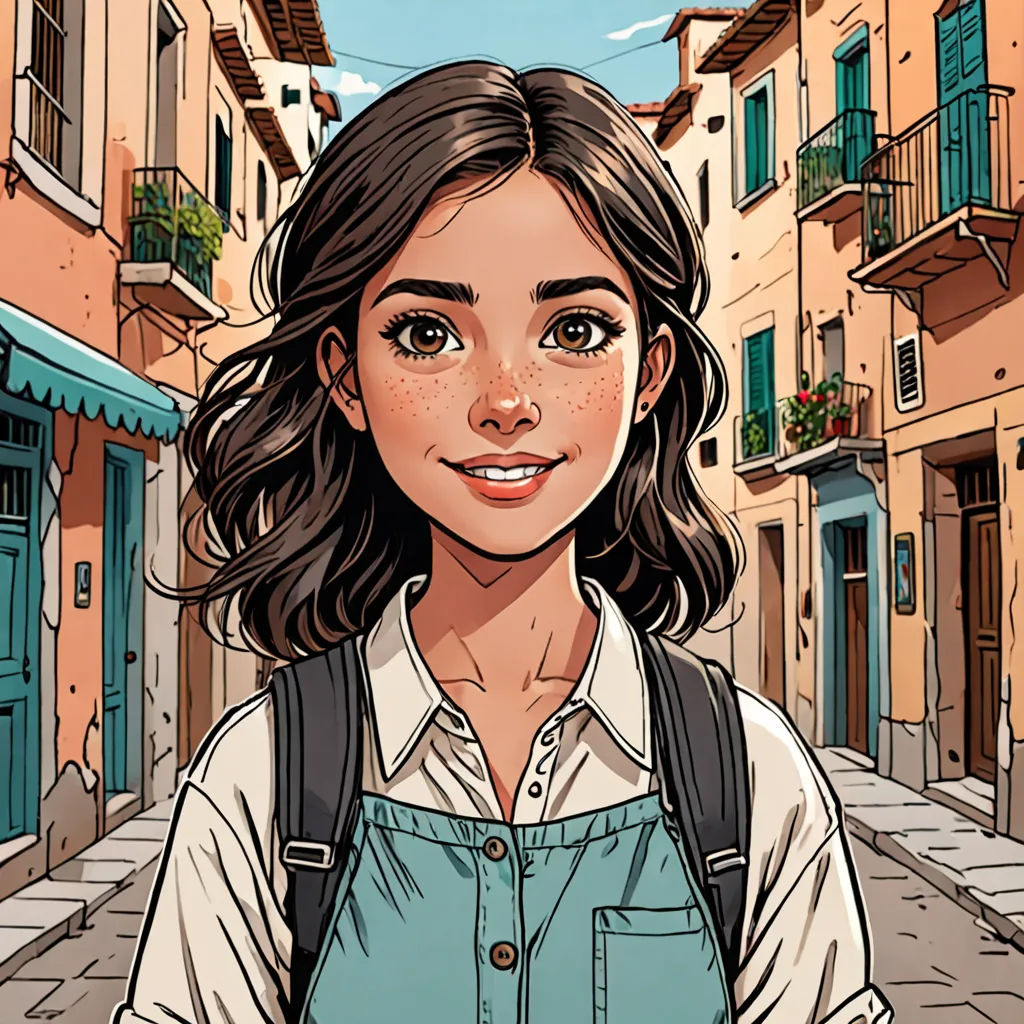 a woman with a backpack standing in front of a street with buildings and a blue door on the right, photorealism, a comic book panel, Constance Gordon-Cumming, comic cover art