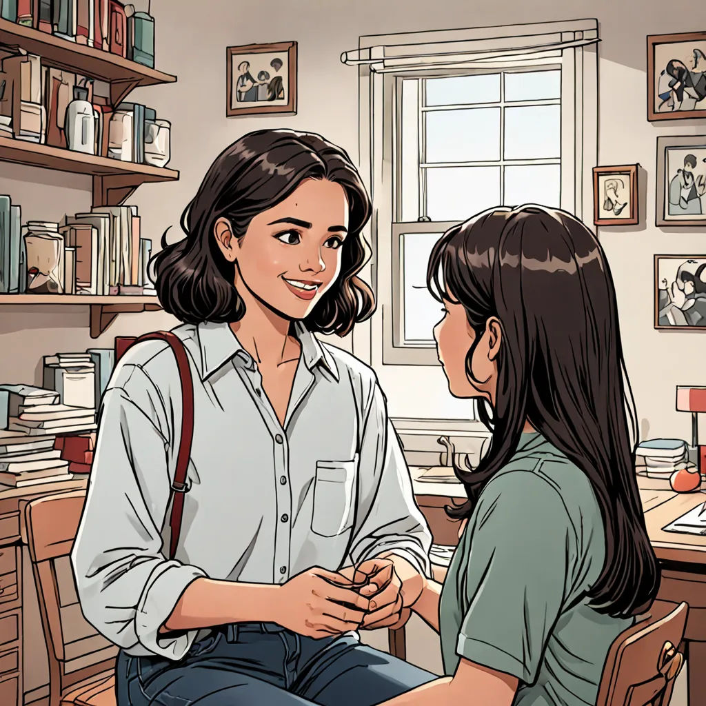 a woman talking to another woman in a room with a desk and shelves on the wall and a window, academic art, a comic book panel, Artgerm, comic book