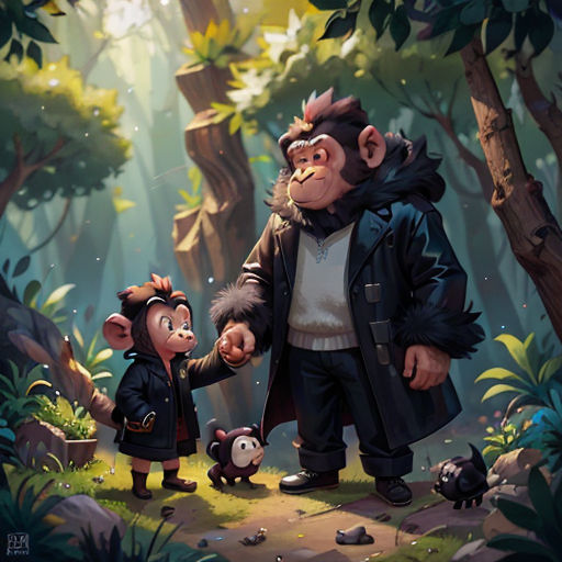 a man and a child are in the woods with a monkey on his arm and a monkey on the other hand