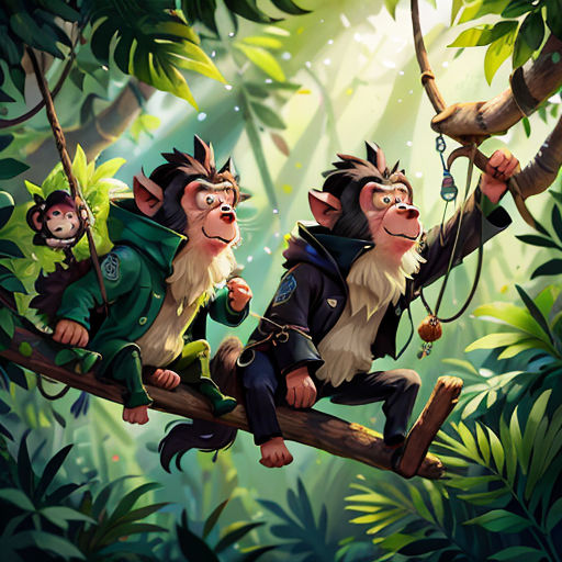 three monkeys hanging on a tree branch in the jungle with a monkey hanging from the branch and another monkey sitting on the branch