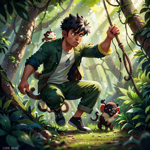 a man in a forest holding a stick and a monkey on a rope with another man in the background