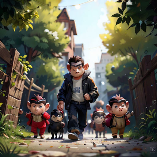 a man walking down a street with a bunch of small cartoon animals behind him on a leash and a dog on the other side of the road