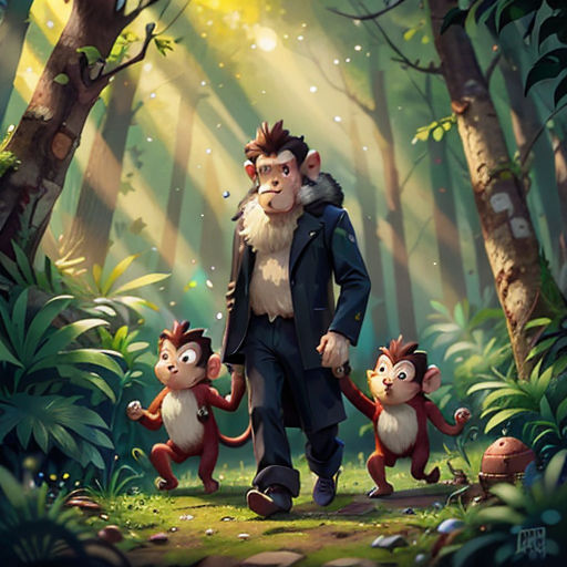 a man with three monkeys in a forest with trees and sunlight shining through the trees and leaves on the ground