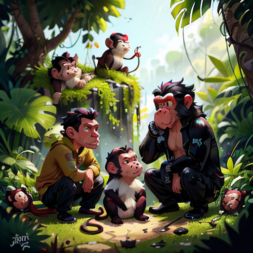 a group of monkeys sitting on top of a lush green forest next to a man holding a monkey in his lap