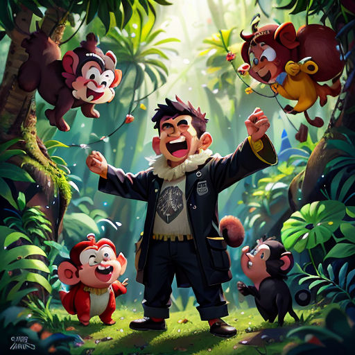 a man standing in the middle of a jungle with monkeys and monkeys around him, and a monkey on the ground