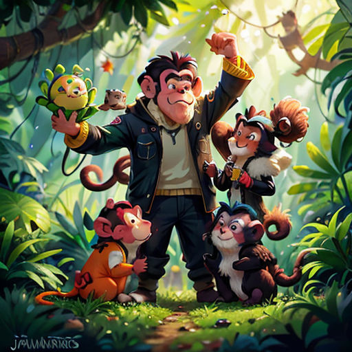 a man standing in the middle of a jungle with monkeys and monkeys around him, with a monkey on his shoulder