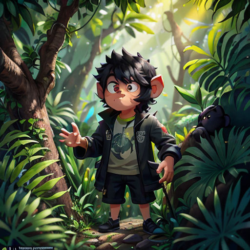 a boy in a jungle with a monkey in the background and a jungle background with a monkey in the foreground