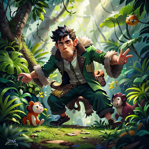 a man in a jungle with monkeys and other animals in the background, with a monkey in the foreground