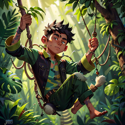 a boy swinging on a rope in the jungle with a monkey on his back and a monkey on his arm