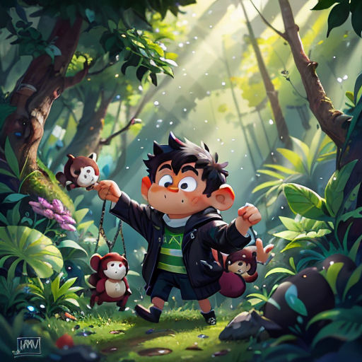 a boy holding a monkey and a monkey toy in a forest with other animals on a swing in front of him