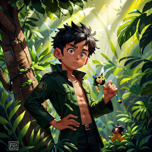a boy in a jungle holding a frog in his hand and a frog in his other hand in his other hand