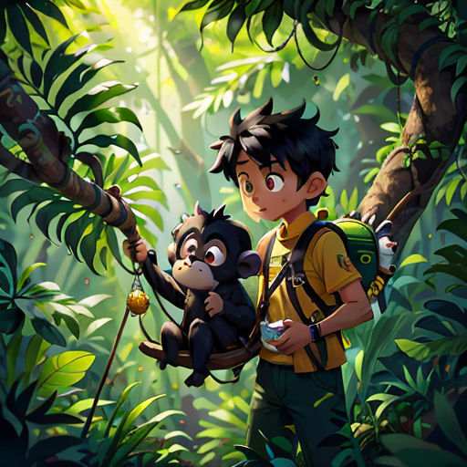 a boy holding a monkey in a jungle with a monkey on a tree branch in front of him and a monkey on a rope