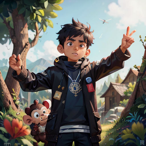 a boy in a black jacket standing in a forest with a monkey and a bird on his shoulder and a bird on his shoulder