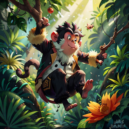 a monkey in the jungle with a monkey on a tree branch and a monkey on a branch in the air