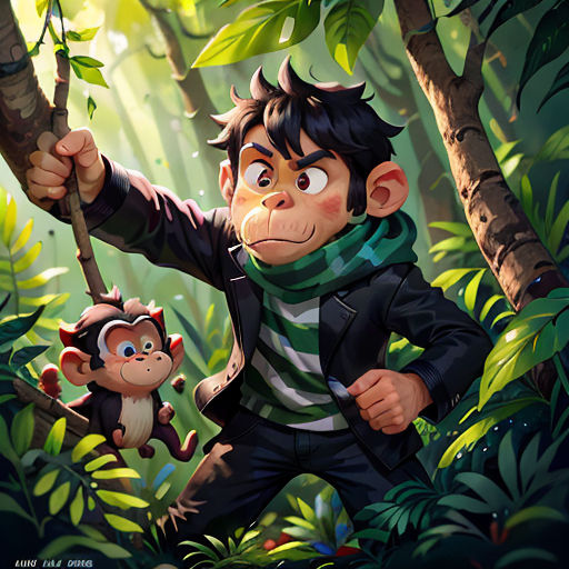 a monkey and a man in a jungle with a monkey on a tree branch and another monkey on a branch
