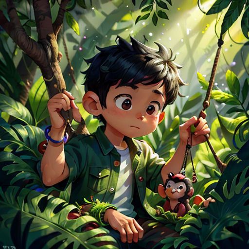 a boy sitting on a swing in the jungle with a monkey hanging from it's arm and a monkey hanging from the tree