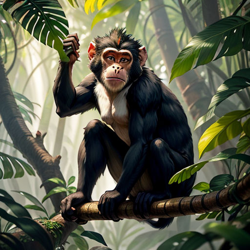 a monkey sitting on a tree branch in a jungle with a banana in its hand and a banana in its other hand