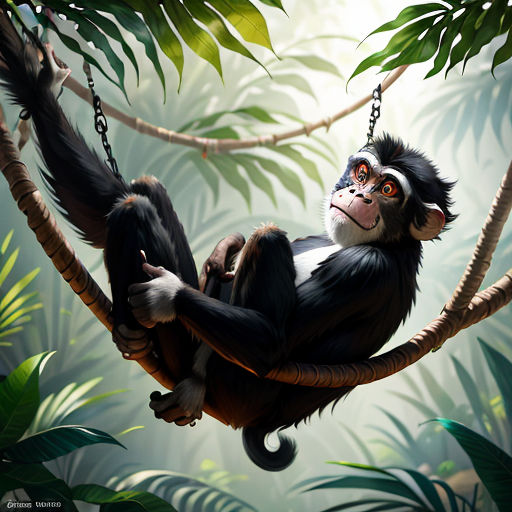 a monkey sitting on a tree branch in a jungle setting with a branch hanging down from it's side