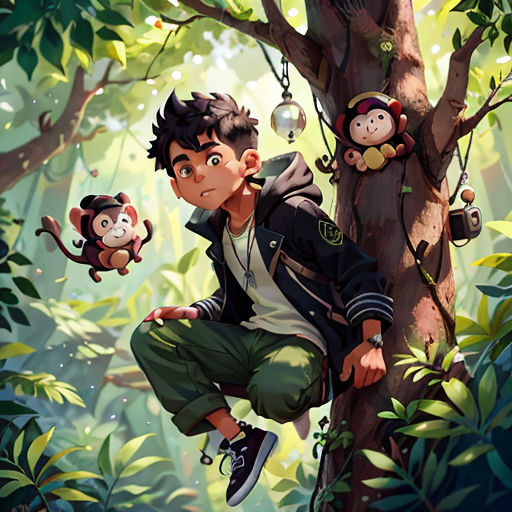 a boy climbing a tree with monkeys hanging from it's branches in the jungle, with a monkey hanging from the tree