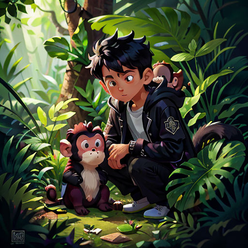a boy kneeling down next to a monkey in the jungle with a monkey on his lap and a monkey on his lap