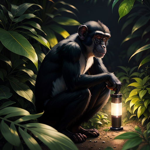 a monkey sitting on a rock next to a lantern in the jungle at night time with a light shining on it