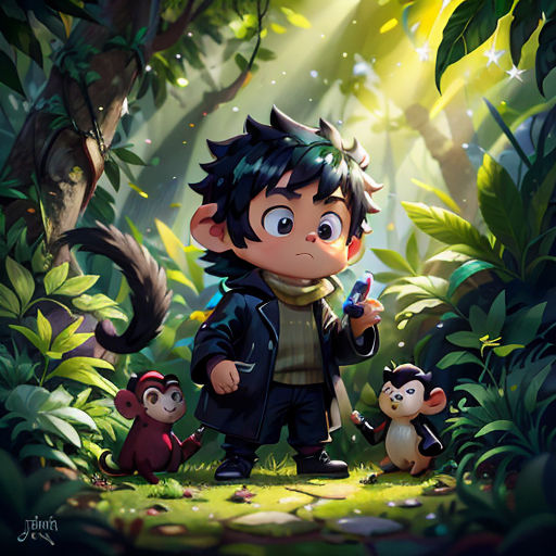 a boy standing in the middle of a forest with a monkey and monkey cubs around him and a monkey holding a cell phone
