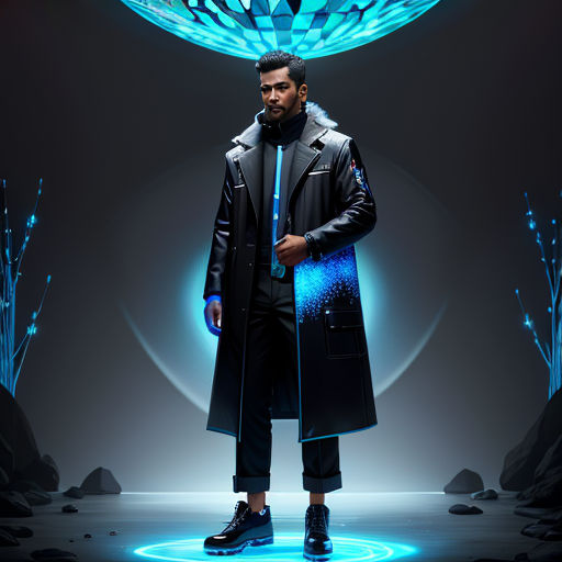 a man in a coat and tie standing in front of a blue and black background with a futuristic design