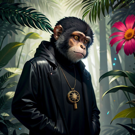 a monkey wearing a black jacket and a necklace with a gold medallion on it's neck standing in a jungle