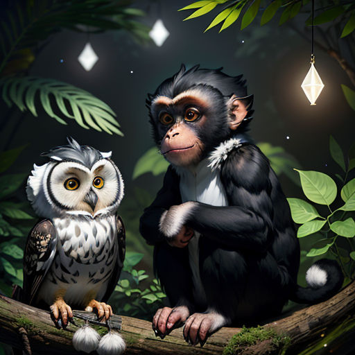 a monkey and an owl sitting on a branch in a forest at night with lights and a diamond hanging from the ceiling