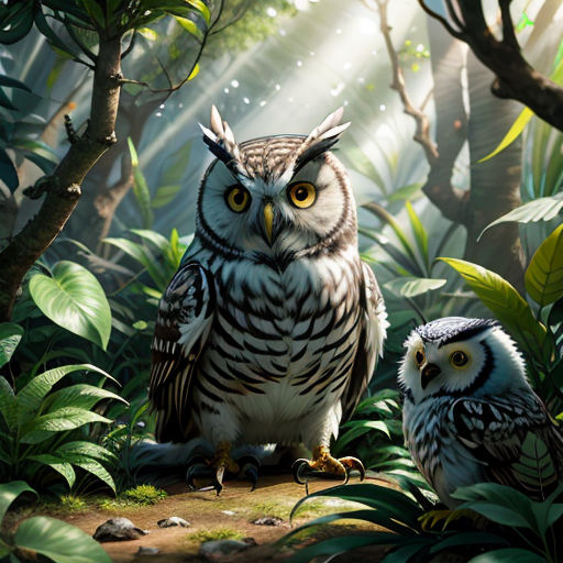 two owls are sitting in the middle of a forest with sunlight streaming through the trees and leaves on the ground