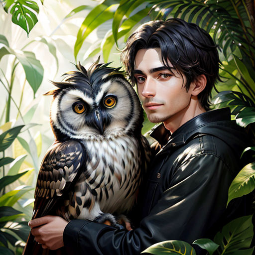 a man holding an owl in front of a painting of a forest scene with leaves and a man in a leather jacket