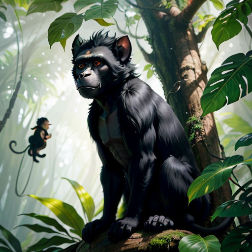 a monkey sitting on a tree branch in a jungle with a monkey in the background and a monkey in the foreground
