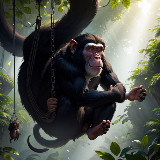a monkey hanging from a tree in the jungle with a human hand in the air and a monkey hanging from a tree in the jungle