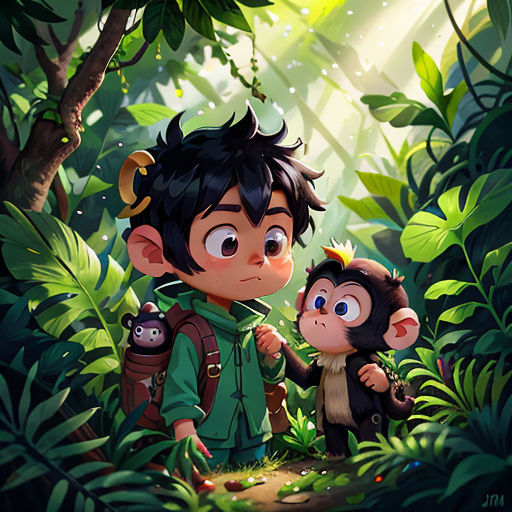 a boy and a monkey in the jungle with a monkey on his back and a monkey on his shoulder