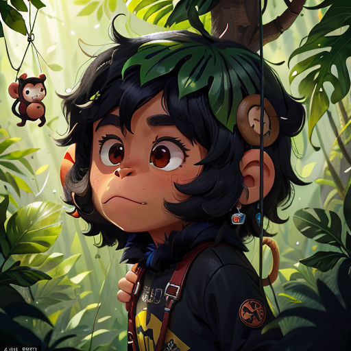 a boy with a monkey on his head and a monkey hanging from a tree in the jungle with a monkey hanging from a tree