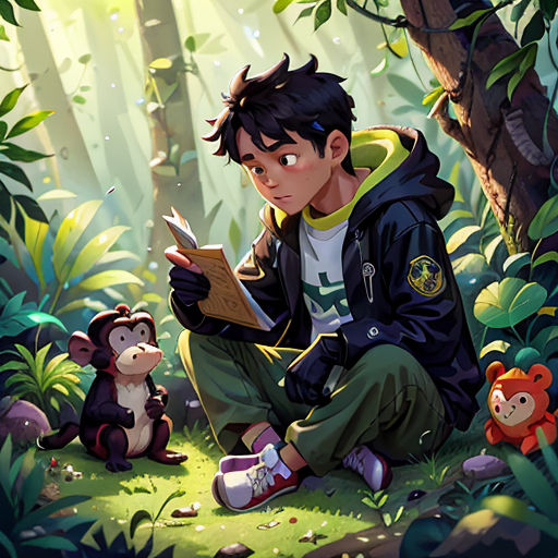 a boy sitting in the woods reading a book with a monkey and monkey on the ground behind him and a monkey on the ground