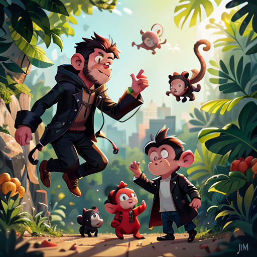 a man is jumping in the air with monkeys and monkeys around him in the jungle, with a monkey on his shoulder