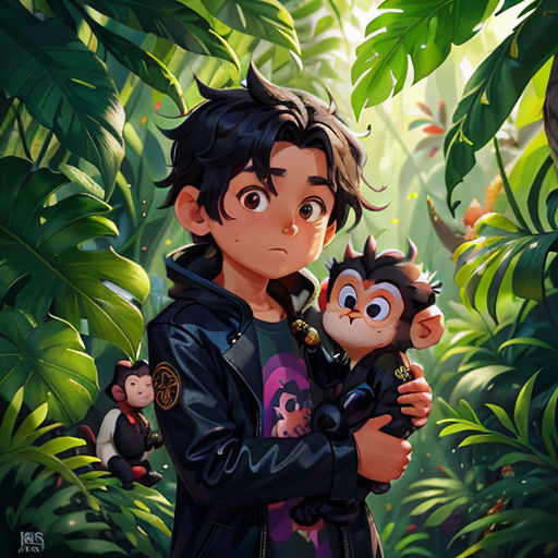 a boy holding a monkey in a jungle with monkeys around him and a monkey on his shoulder, with a monkey on his shoulder