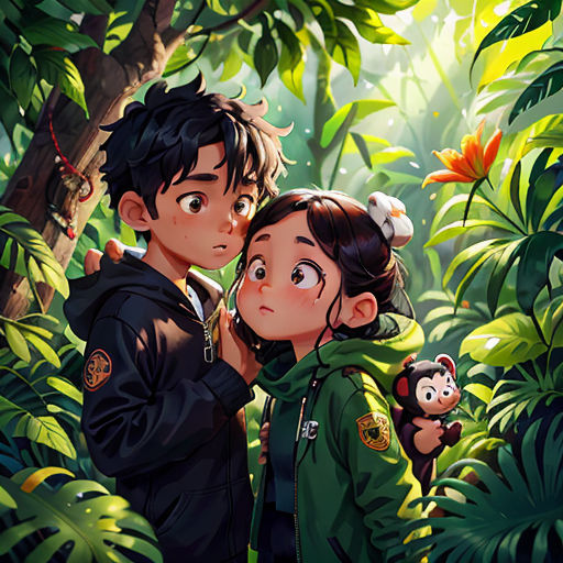 a couple of people standing in a forest with a monkey on their shoulder and a monkey on their shoulder