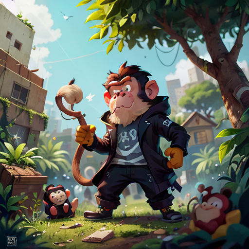 a cartoon monkey holding a baseball bat in a jungle with other animals around him and a building in the background