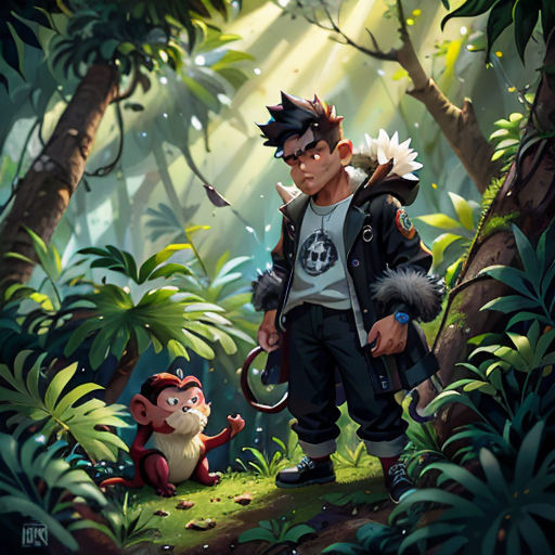 a man standing in the middle of a forest next to a monkey and a bird on a tree branch
