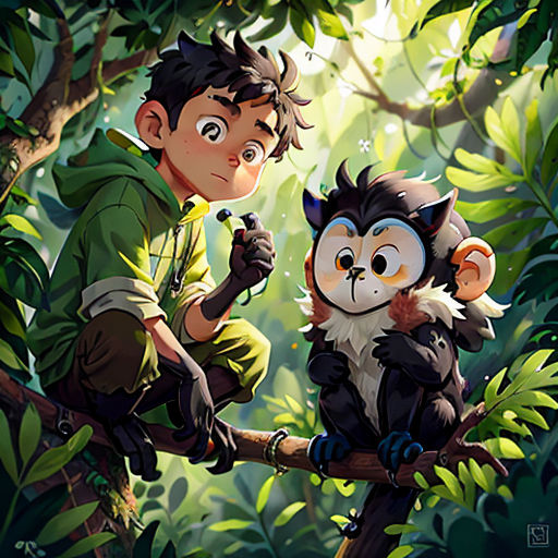 a boy and a monkey are sitting on a tree branch in the jungle, with leaves surrounding them and a forest background