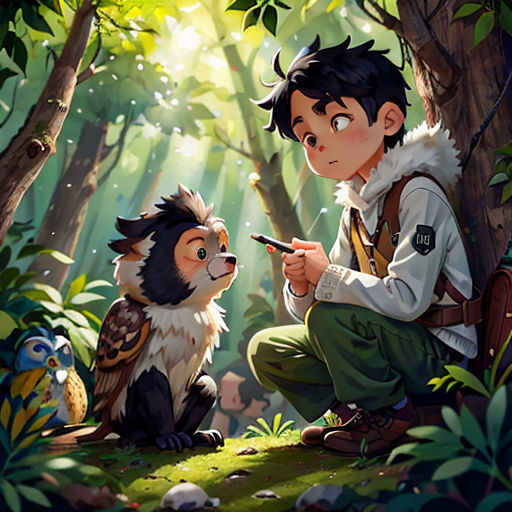 a boy kneeling down next to a dog in the forest with a forest background and sunlight shining through the trees