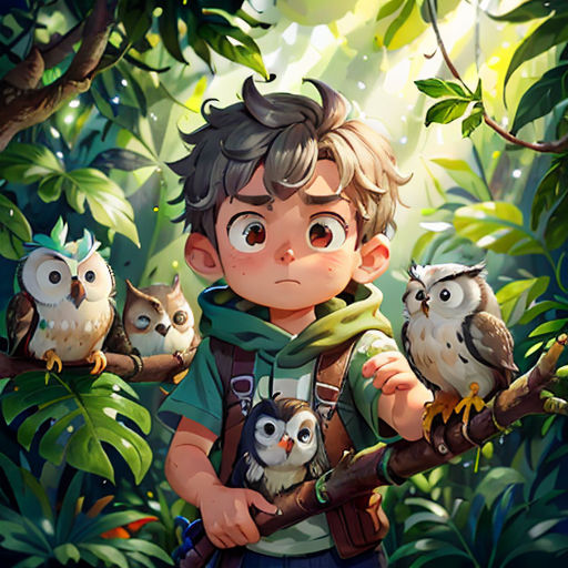 a boy holding two owls in a forest with other owls on a branch in front of him and a forest background