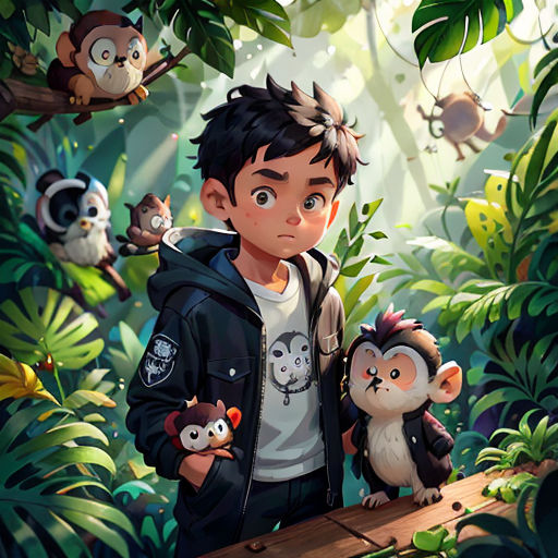 a boy standing in the jungle with monkeys on his shoulders and a monkey on his shoulder, with a monkey on his shoulder