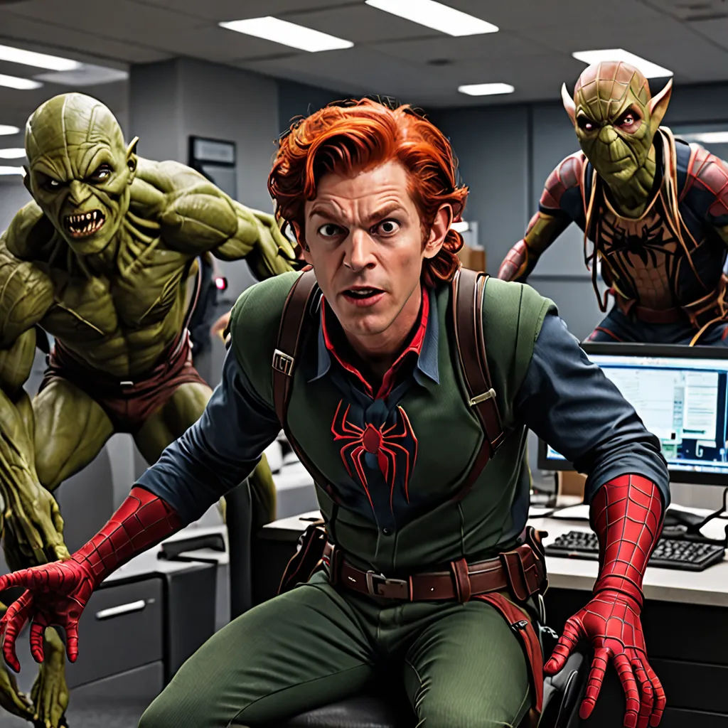 a man in a suit and some alien men in an office setting with computers and monitors on the desk, antipodeans, a comic book panel, Alton Tobey, vfx