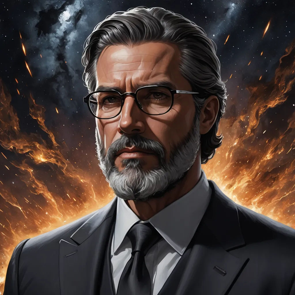 a man with glasses and a beard in a suit and tie in front of a sky full of stars, space art, a character portrait, Cedric Peyravernay, character portrait