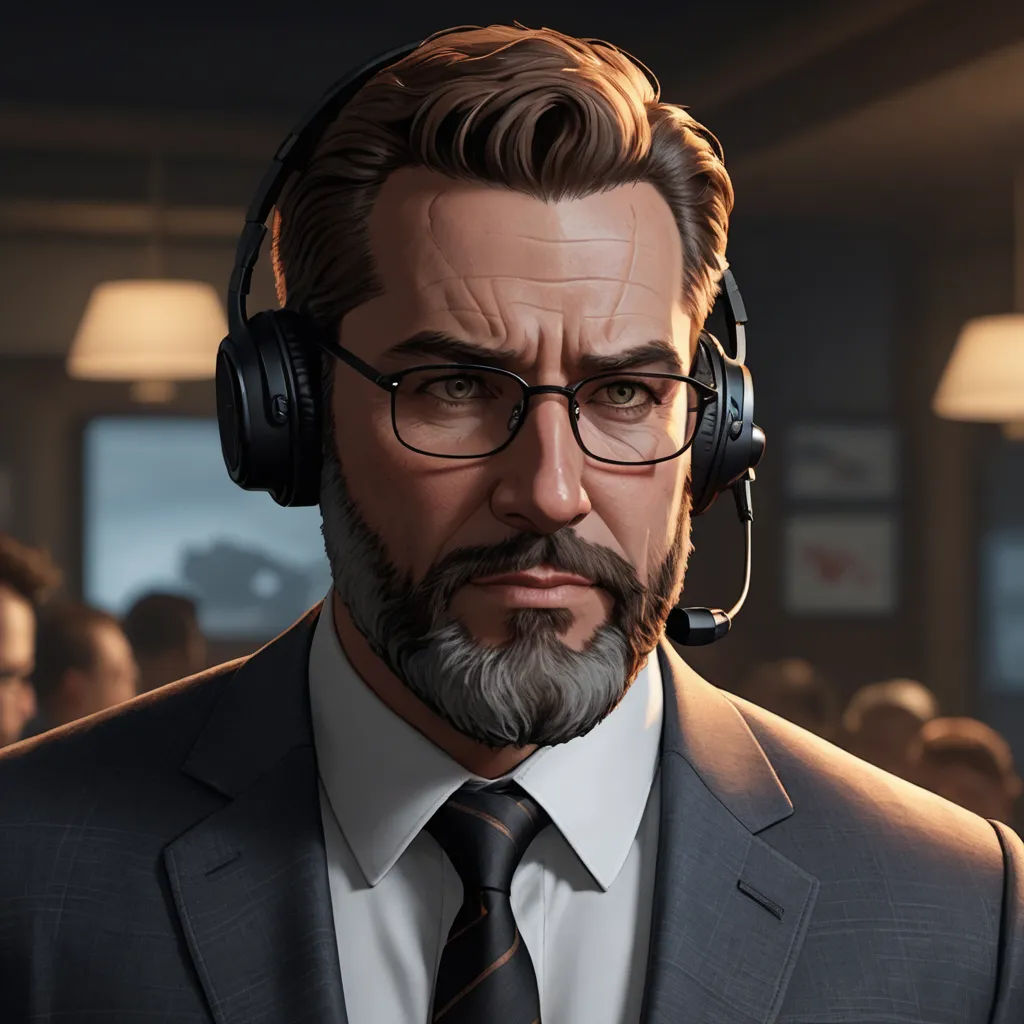 a man with headphones and a suit and tie in a room full of people with a microphone in his ear, sots art, a character portrait, Alton Tobey, character portrait