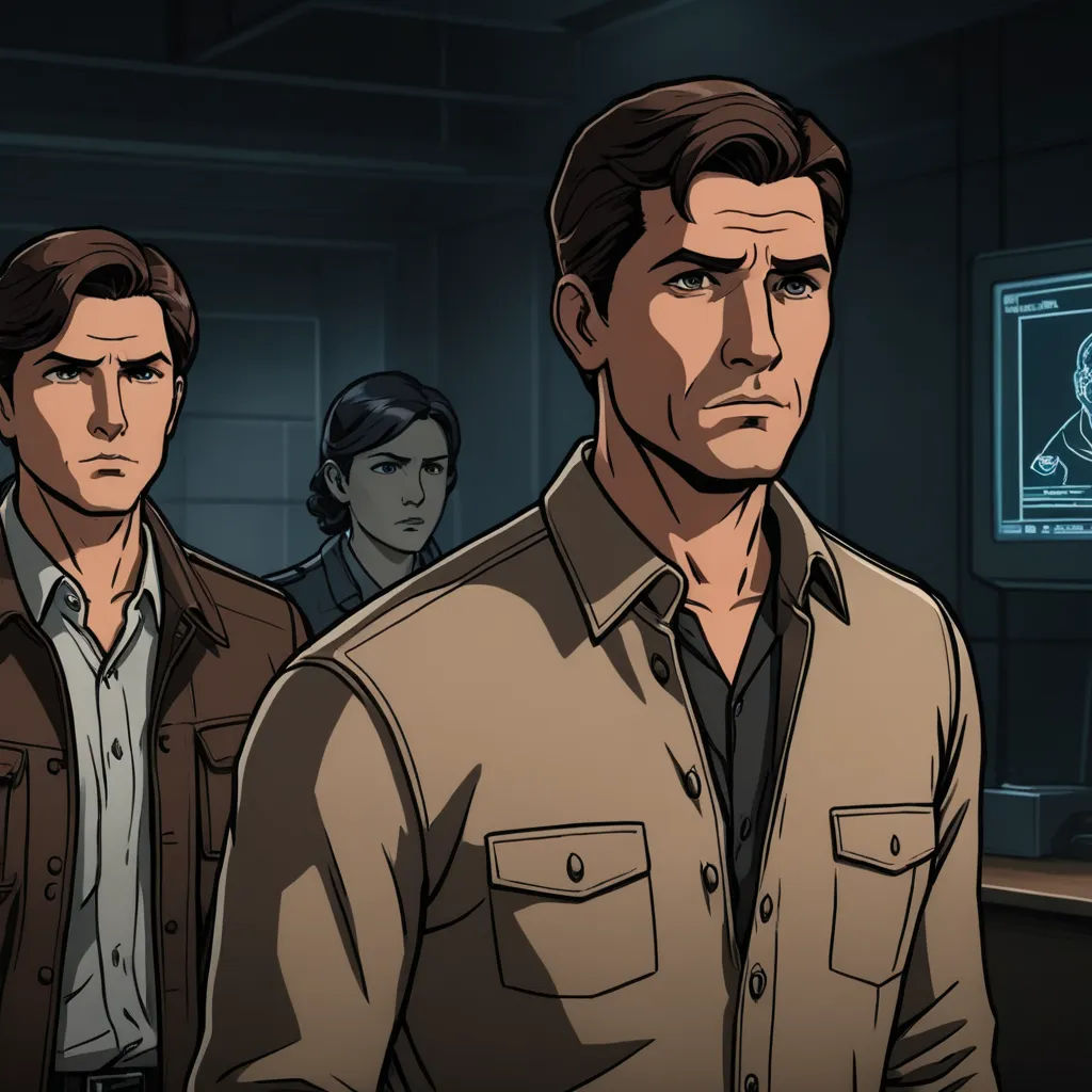 a man standing next to another man in a room with a monitor on the wall behind him and a woman standing next to him, serial art, concept art, Ada Gladys Killins, promotional image