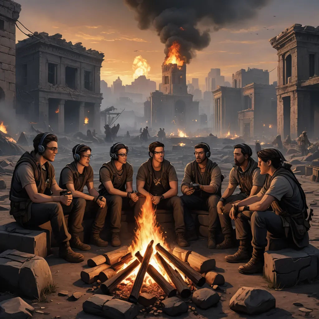 a group of people sitting around a fire pit in a city with a fire in the middle of the picture, serial art, a detailed painting, Ada Gladys Killins, official art